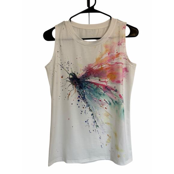 Women's Small White Mulitcolor Dragonfly Print Sleeveless Round Neck Loose Tank - Picture 2 of 14